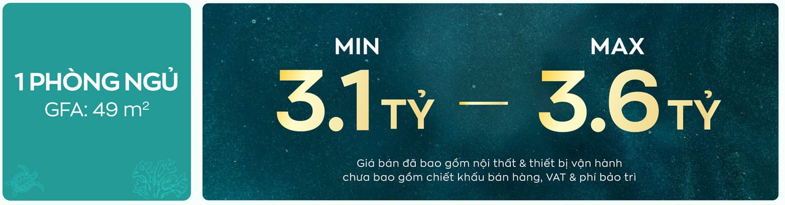 Giá 1PN 49m2 Bảng giá căn hộ Condotel 1 phòng ngủ 49m2 từ 3.1 tỷ đồng