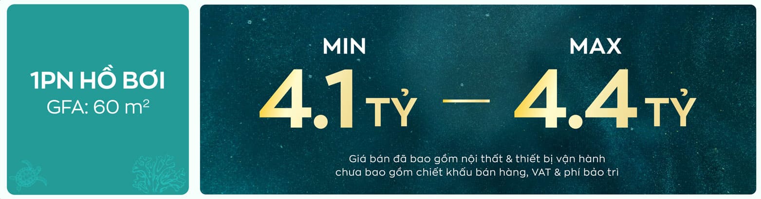 Giá 1PN Pool Bảng giá căn hộ 1 phòng ngủ VIP có hồ bơi riêng 60m2 từ 4.1 tỷ đồng