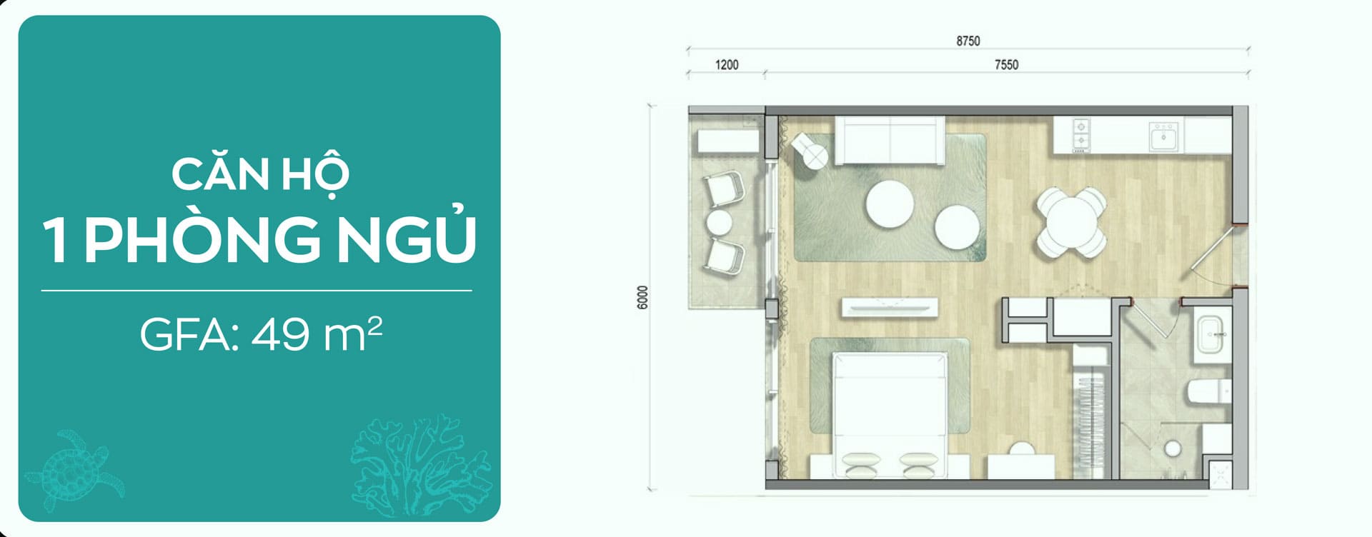 Bản vẽ layout Căn hộ 1 phòng ngủ 49m2
