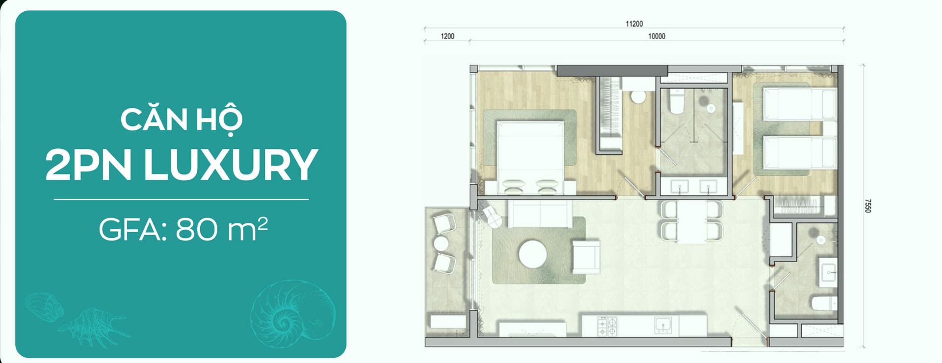 Bản vẽ layout mặt bằng Căn hộ 2 phòng ngủ Luxury 80m2