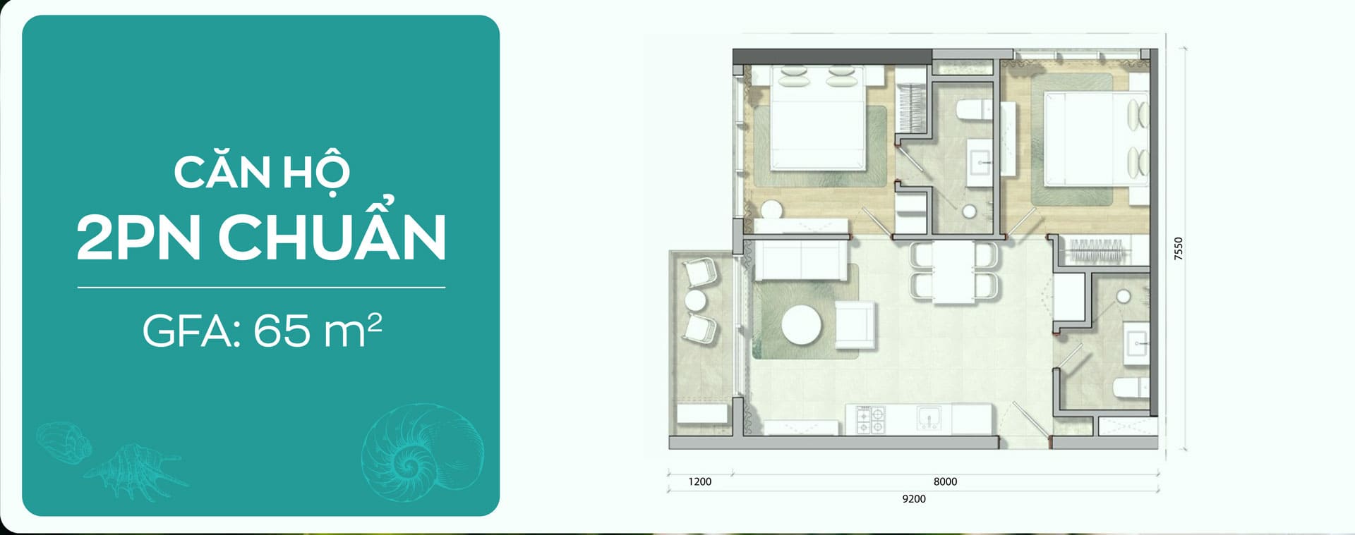 Bản vẽ layout thiết kế Căn hộ 2 phòng ngủ 65m2